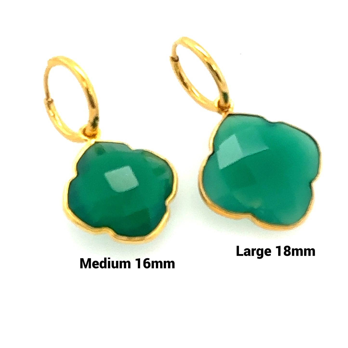 Delicate gold hoop earrings with Green Onyx semi-precious gemstone clover shaped charms in 2 sizes