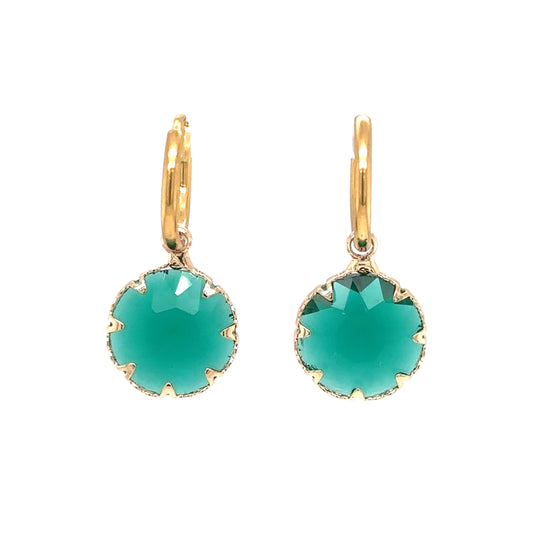 gold hoop earrings with emerald green crystal charms