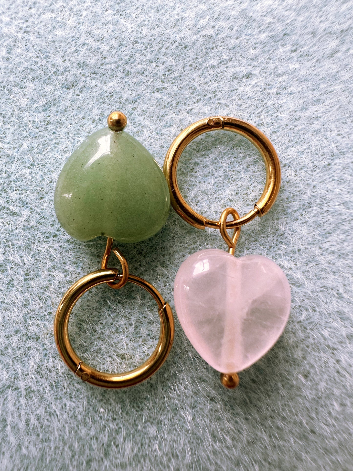 gold hoop earrings with aventurine and rose quartz gemstone heart charms