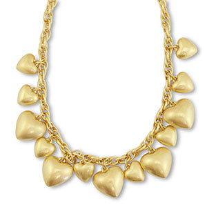 Fabulous statement matt gold necklace with twisted chain links and dangling heart charms