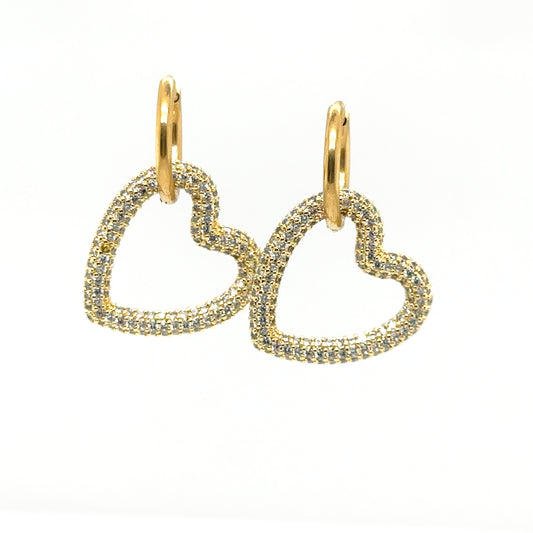 gold hoop earrings with large zirconia diamond heart-shaped charms