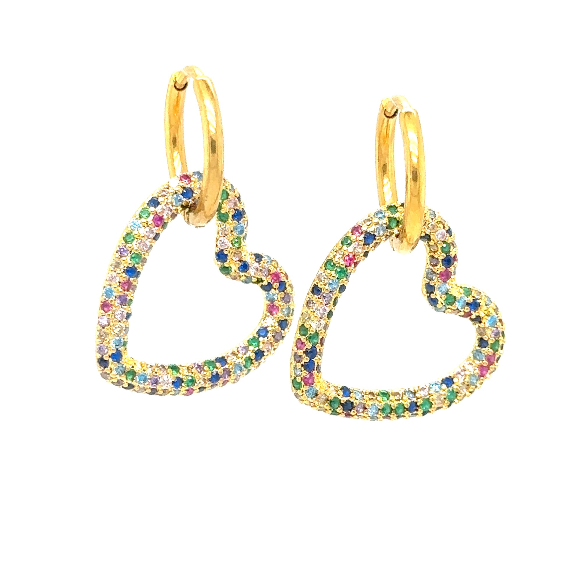 gold hoop earrings with large rainbow heart-shaped charms