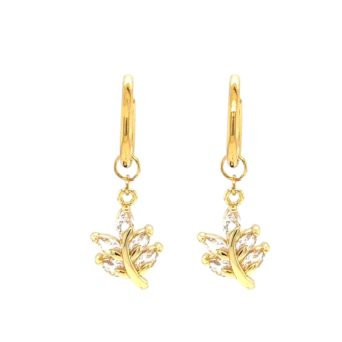 gold hoop earrings with leaf shaped sparkly charms