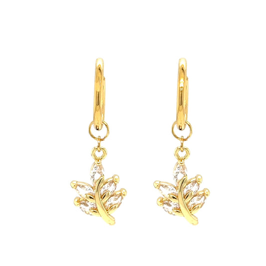 gold hoop earrings with leaf shaped sparkly charms