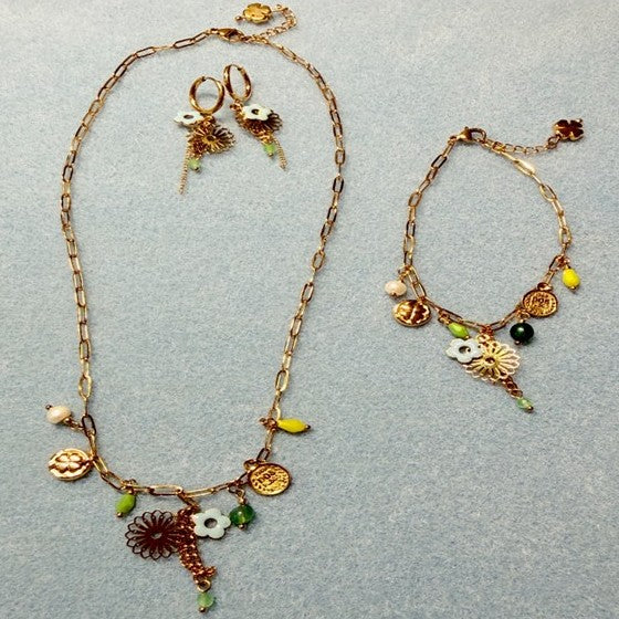 Paperclip Necklace with Blue, Green, Yellow and Gold Charms