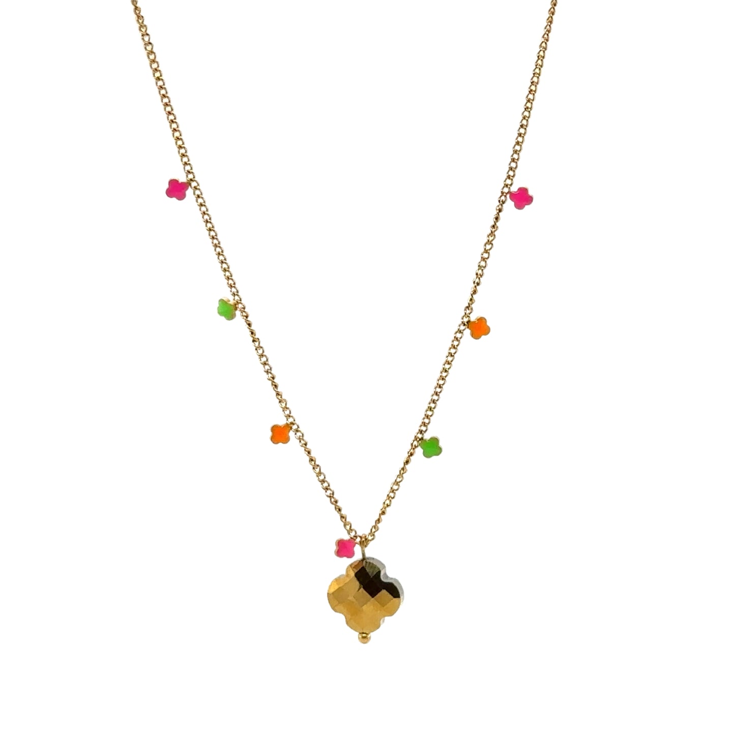 Delicate gold chain necklace with 5 enamel clovers in pink/orange/green and one gold clover charm