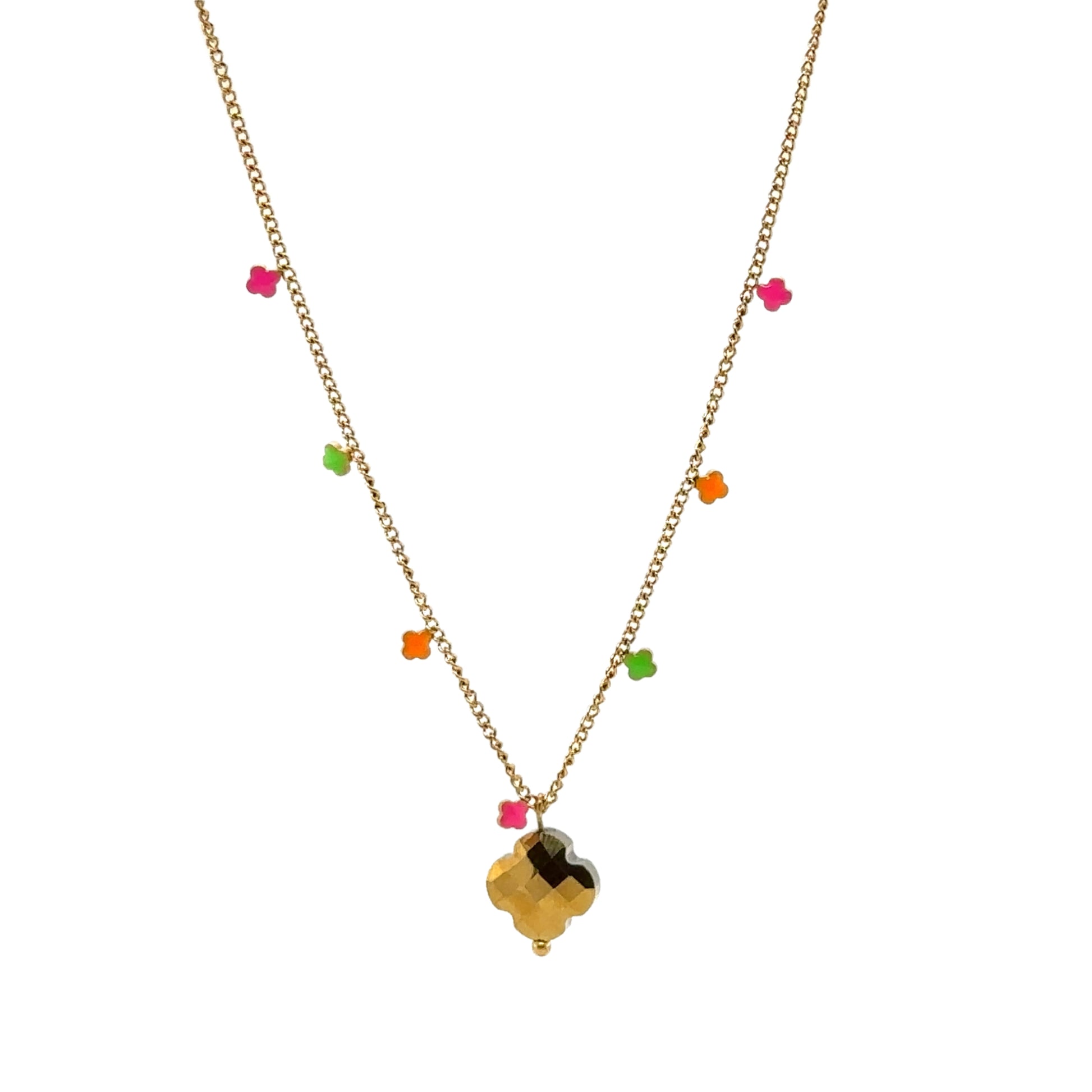 Delicate gold chain necklace with 5 enamel clovers in pink/orange/green and one gold clover charm