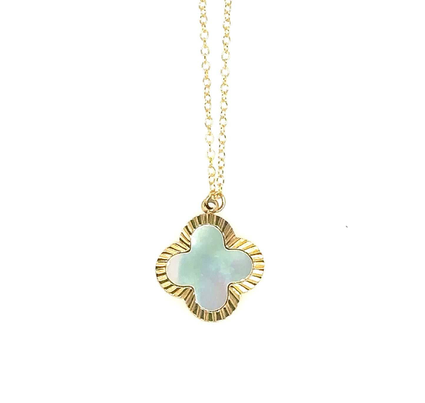 necklace with mother of pearl and gold clover charm pendant