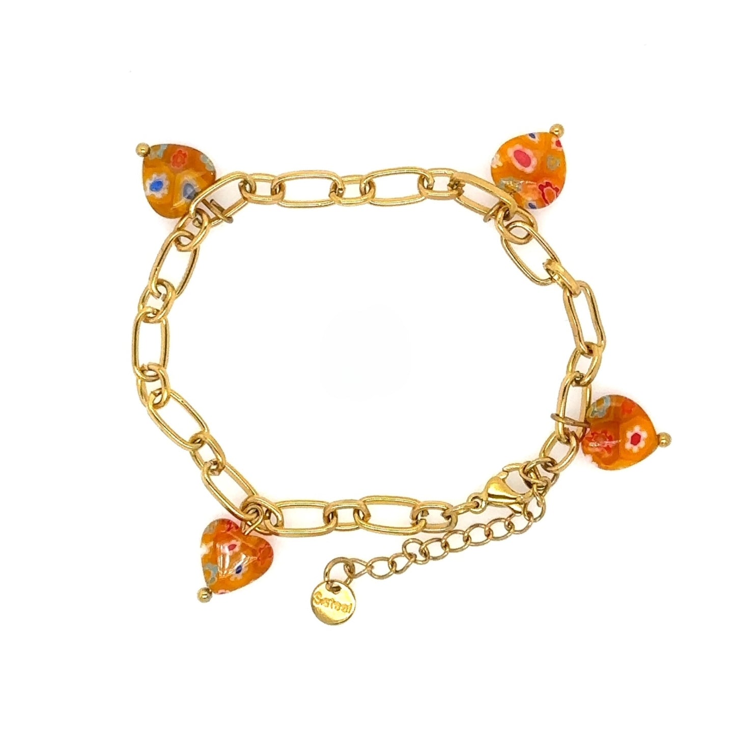 gold oval chain bracelet with orange millefiori heart beads