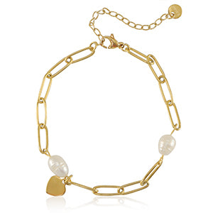 oval chain bracelet with freshwater pearls and heart charm