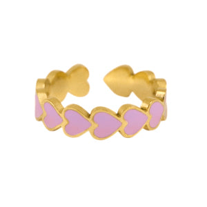 Gold adjustable ring with lilac small hearts all around