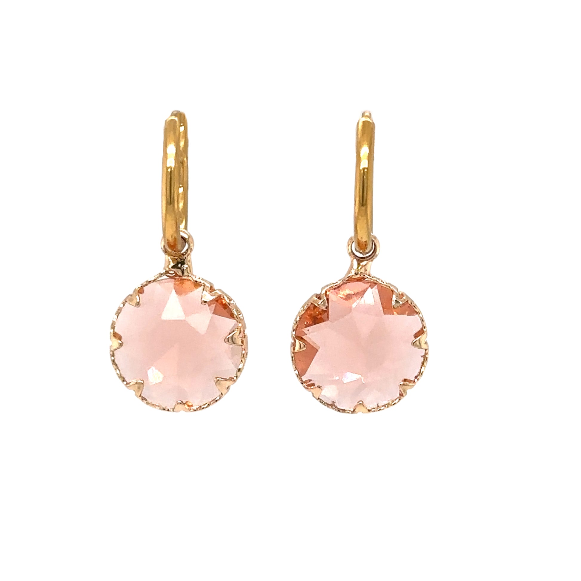 gold hoop earrings with pink crystal round charms