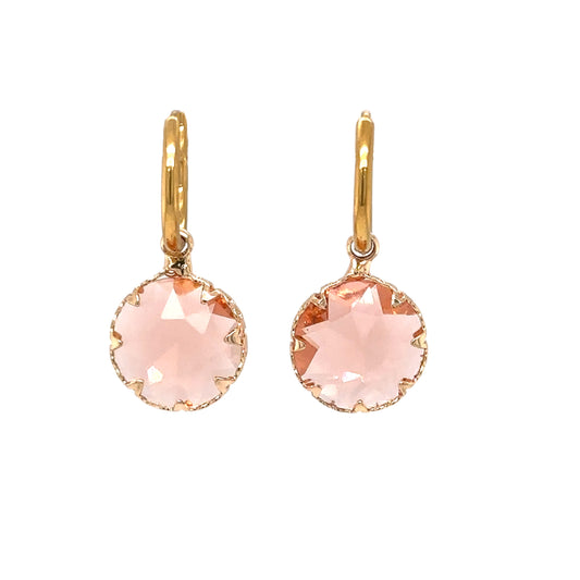 gold hoop earrings with pink crystal round charms