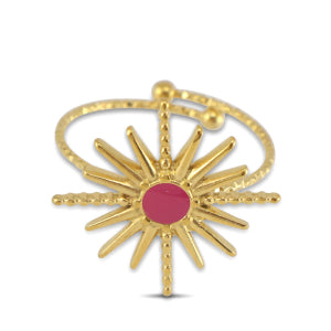 Gold adjustable ring with big pink and gold sun design