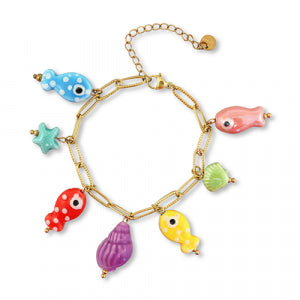 This adjustable bracelet has 7 dangling porcelain charms in the shape of fishes and shells