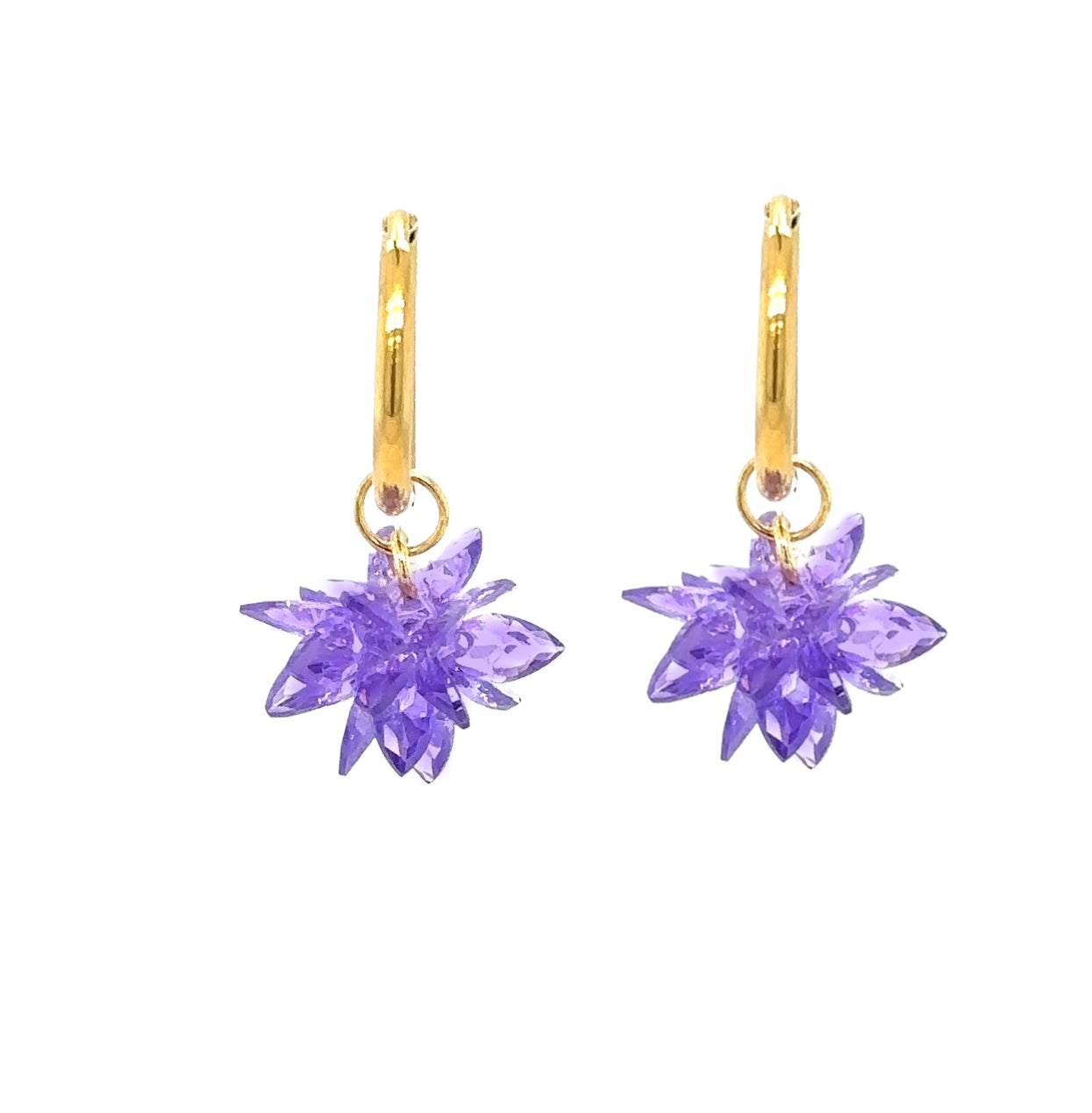 gold hoop earrings with purple crystal flower charms