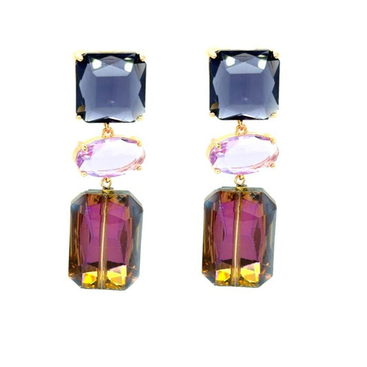 Big dangling earrings with lavender purple, pink, and mauve crystals