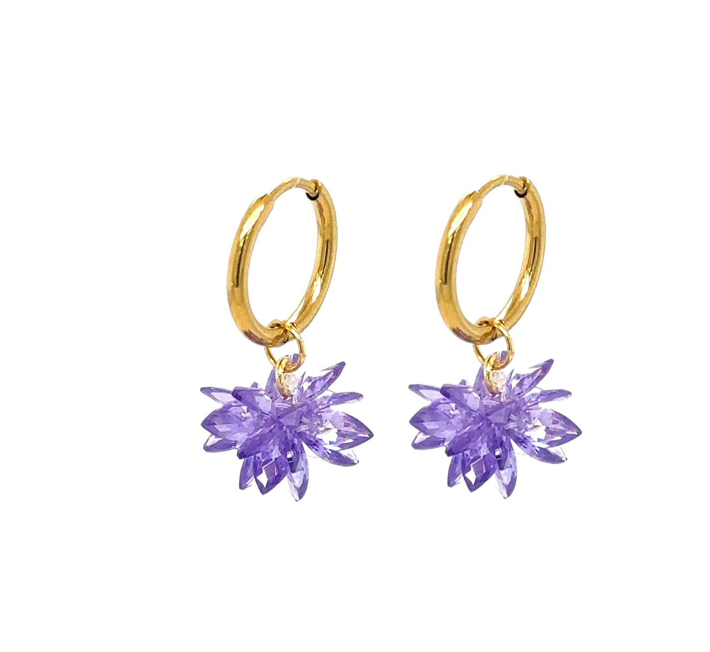 gold hoop earrings with purple crystal flower charms