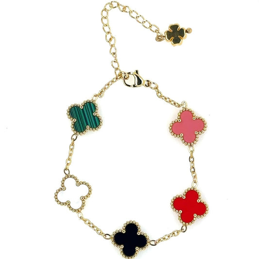 This lovely gold bracelet has five small clover charms in a rainbow of colours 