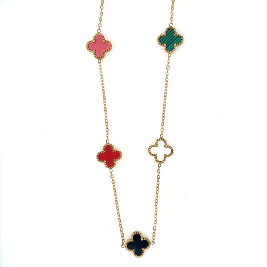 Gold chain necklace with five small clover charms in a rainbow of colours  close up