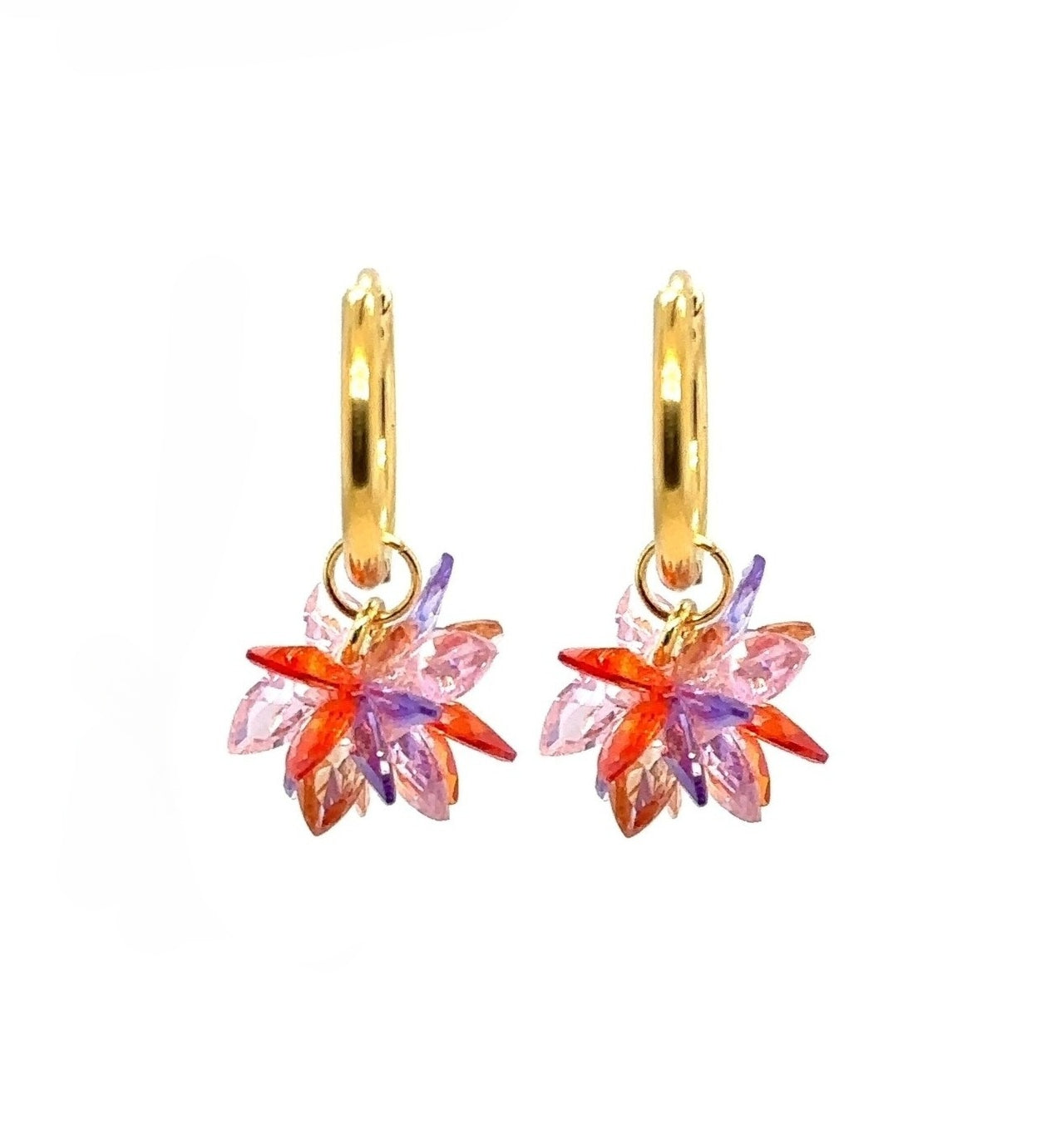 gold hoop earrings with multi-coloured crystal flower shaped charms