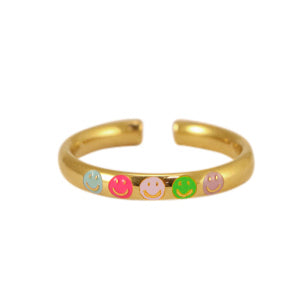 Gold adjustable ring with four colourful smiley faces