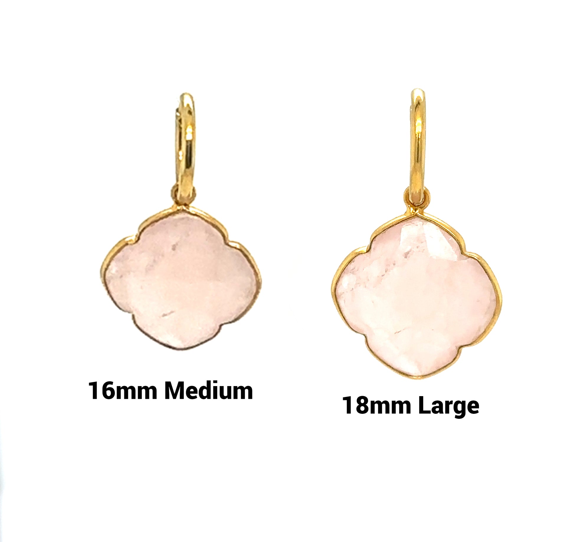 Delicate gold hoop earrings with semi-precious gemstone clover shaped charms in rose quartz and 2 different sizes