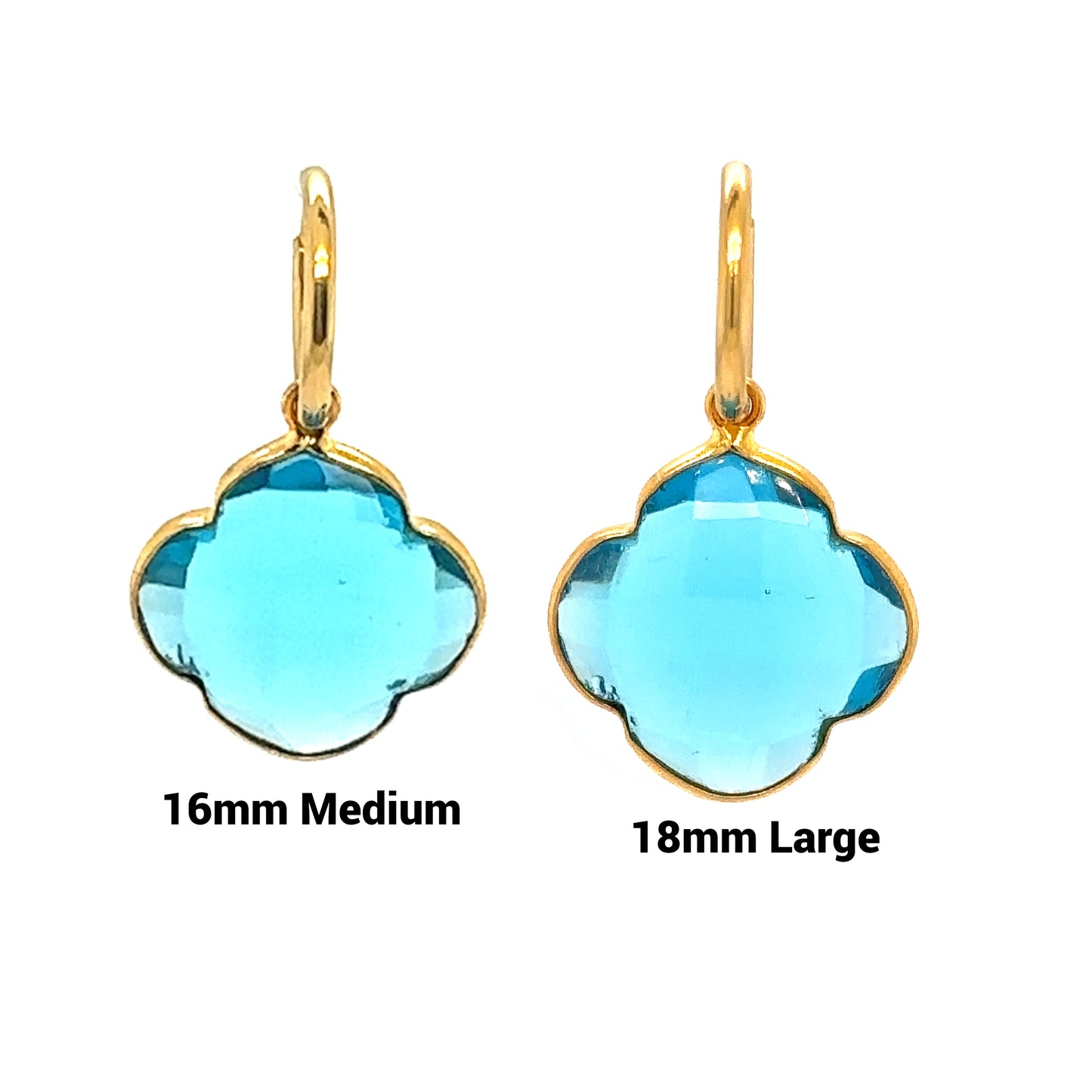 Delicate gold hoop earrings with bright Sky Blue Hydro Quartz semi-precious gemstone clover shaped charms in 2 sizes