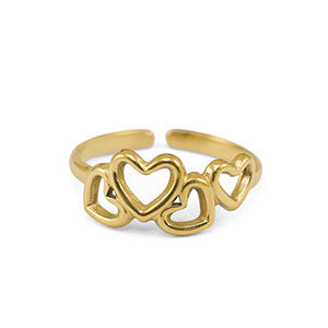 Gold adjustable ring with four heart outline design