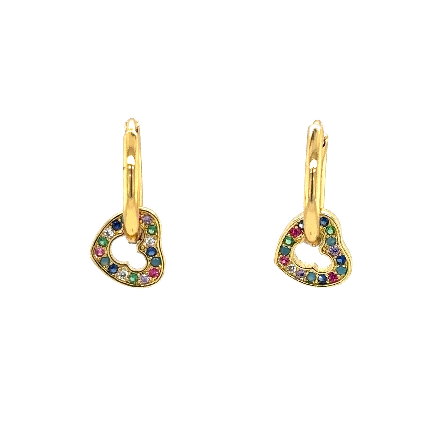 gold hoop earrings with small rainbow heart-shaped charms