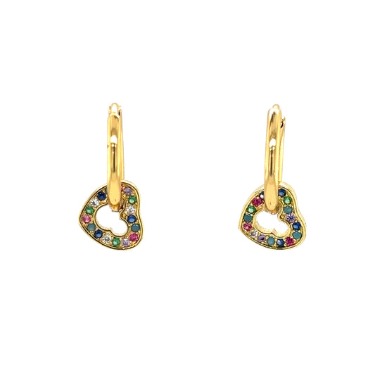 gold hoop earrings with small rainbow heart-shaped charms