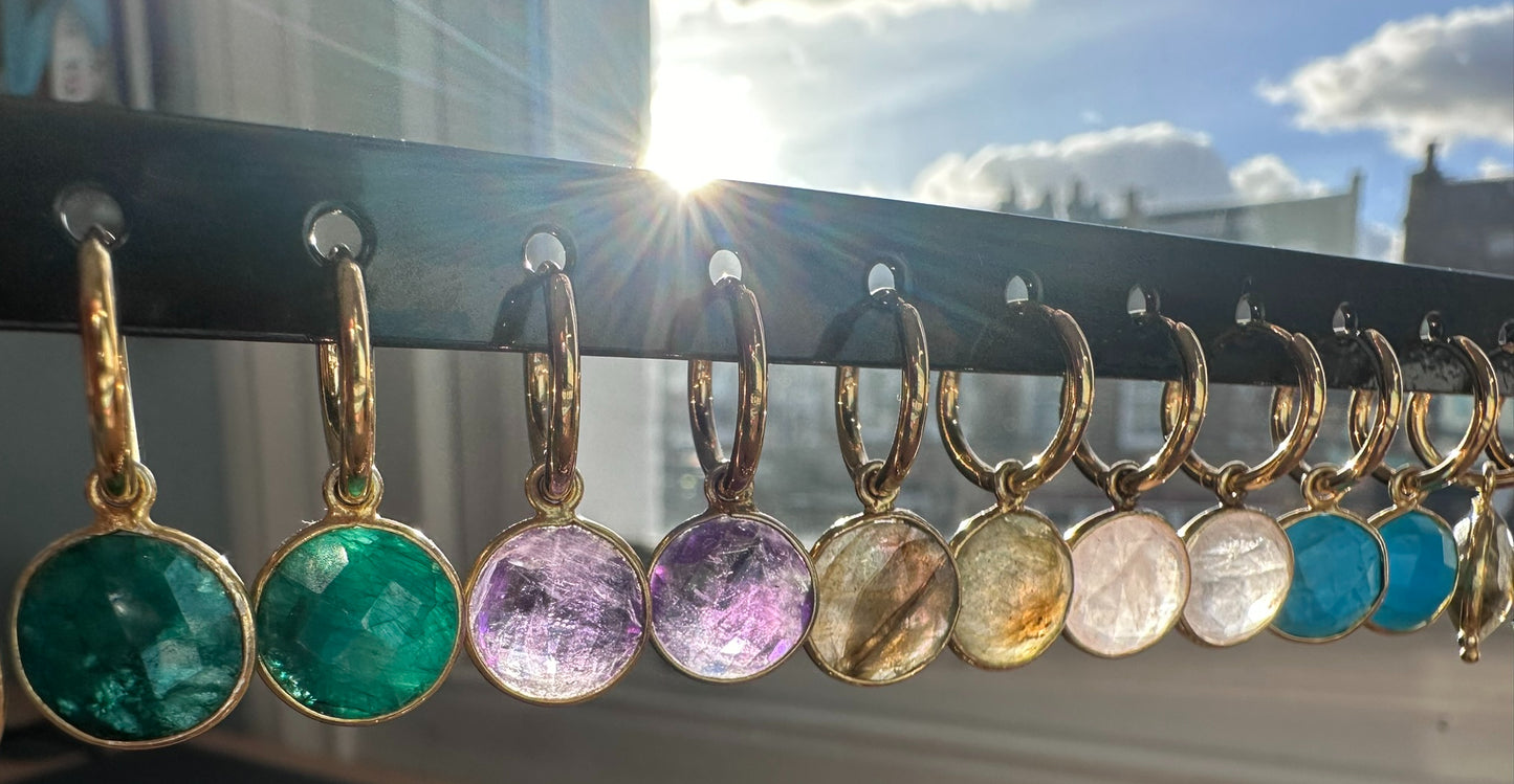 gold hoop earrings with gorgeous rainbow semi-precious gemstone round charms