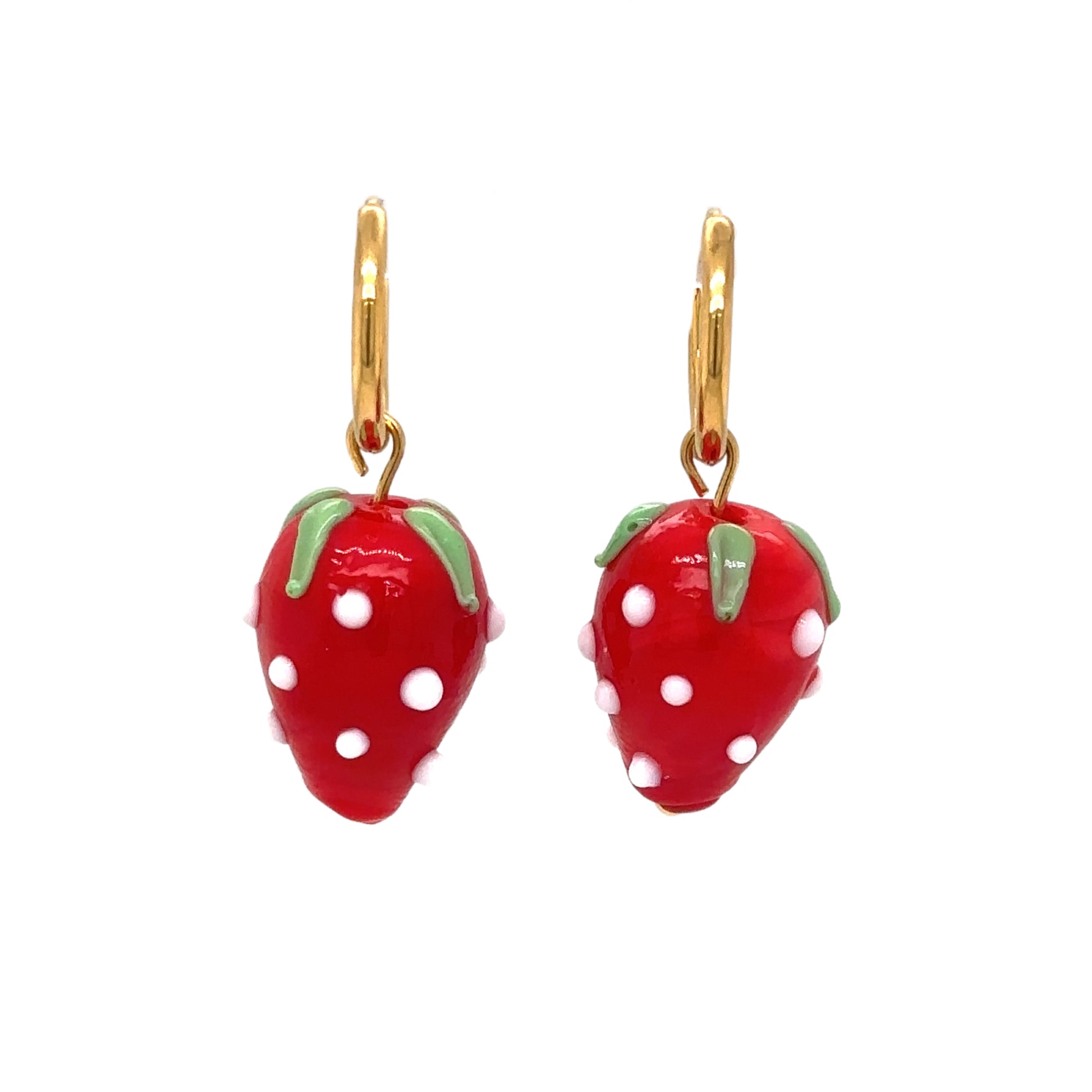 gold hoop earrings with strawberry glass charms in red