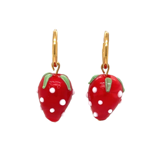 gold hoop earrings with strawberry glass charms in red