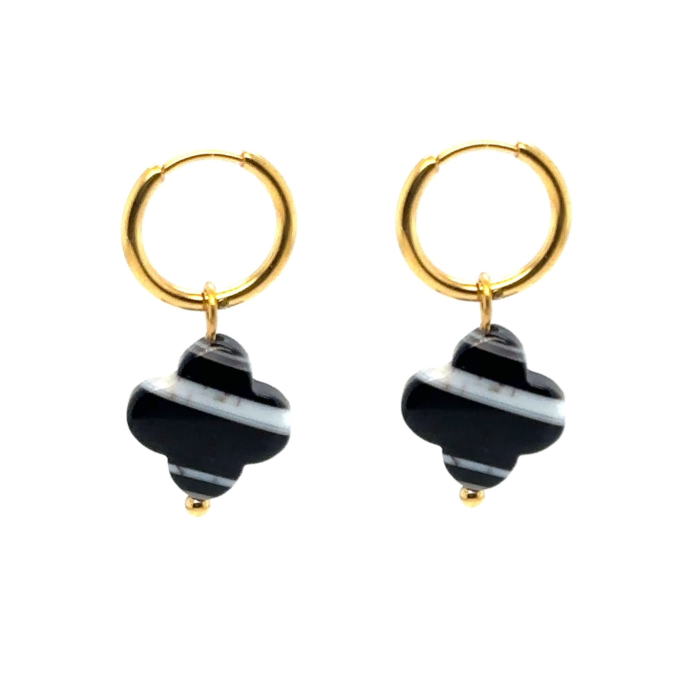 gold hoop earrings with black and white striped agate clover charms