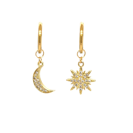 gold hoop earrings with one moon and one sun sparkly charm