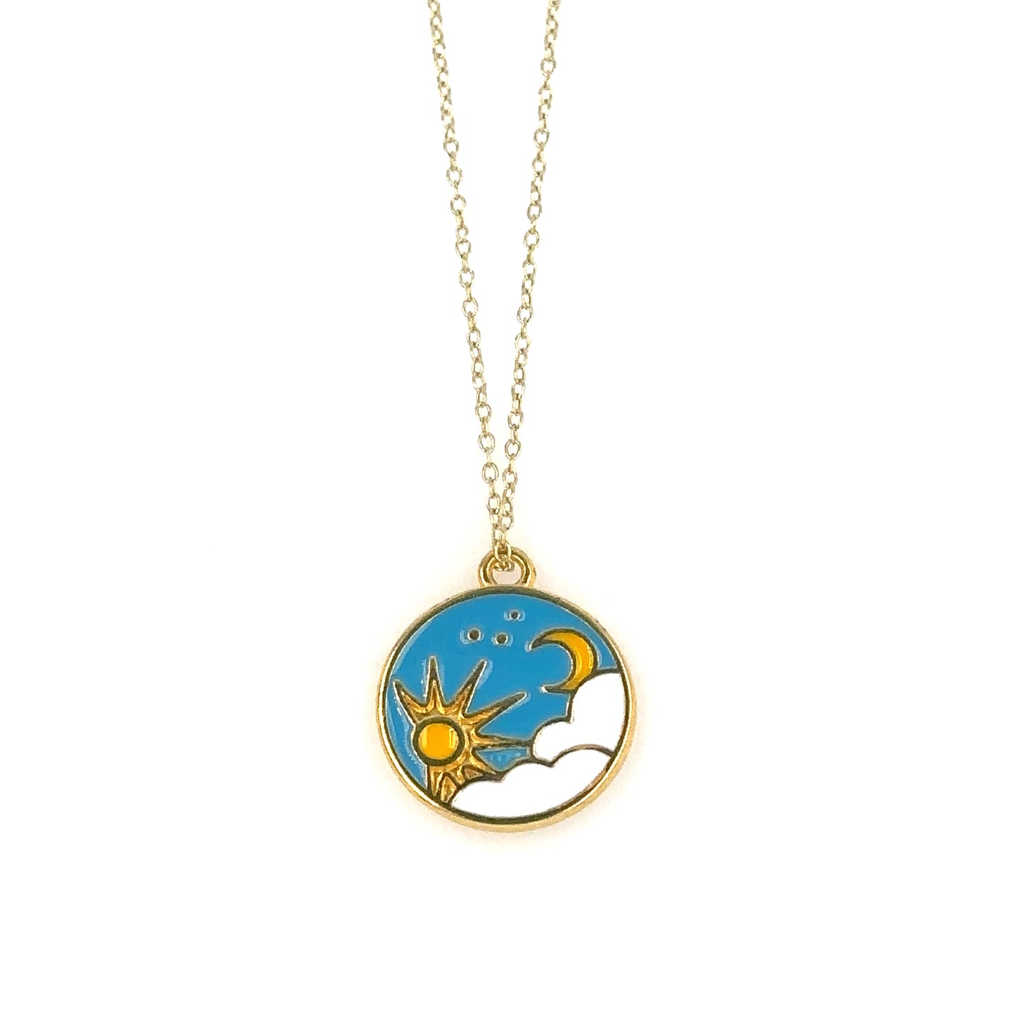 Delicate gold chain necklace with pretty moon and sun enamel charm