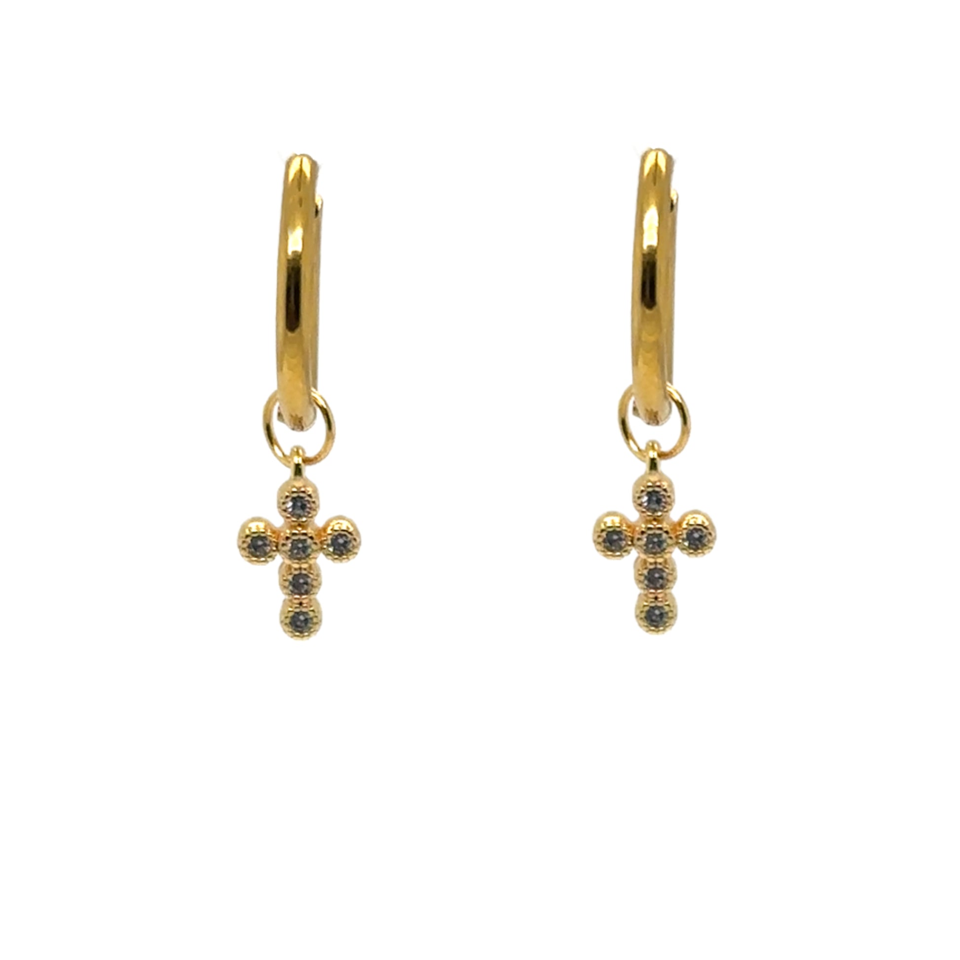 Delicate gold hoop earrings with tiny cross sparkly charms