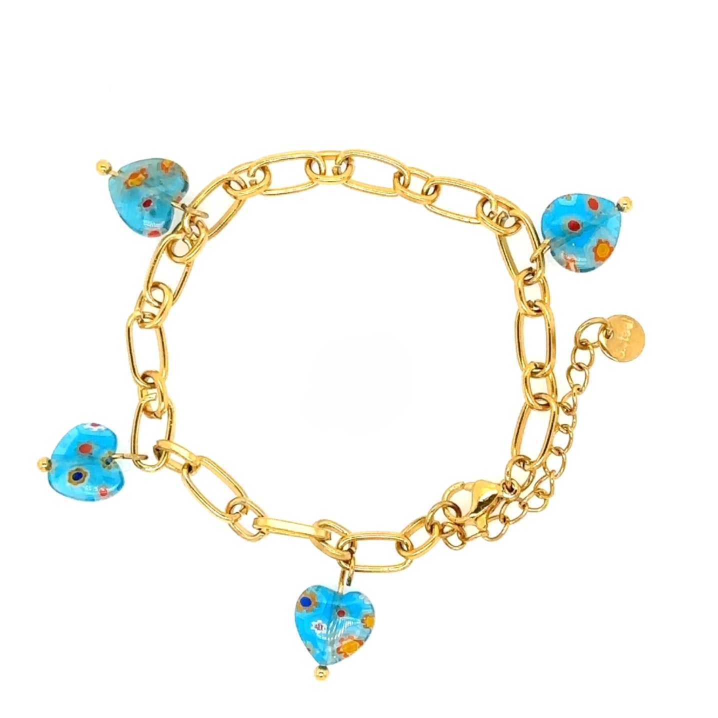 gold oval chain bracelet with light blue millefiori heart beads