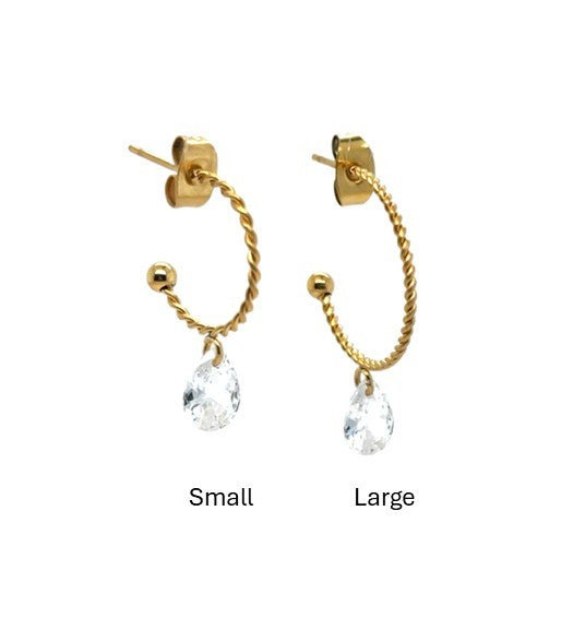 Twisted gold hoop earrings with sparkly crystal charm available in two sizes: small 15mm or large 20mm