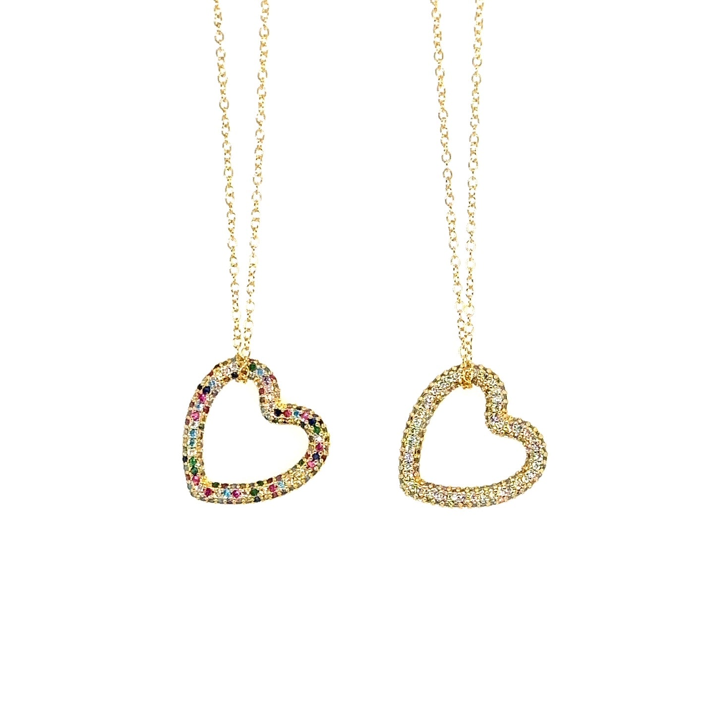 gold necklaces with one large heart charm with sparkly zirconia diamonds