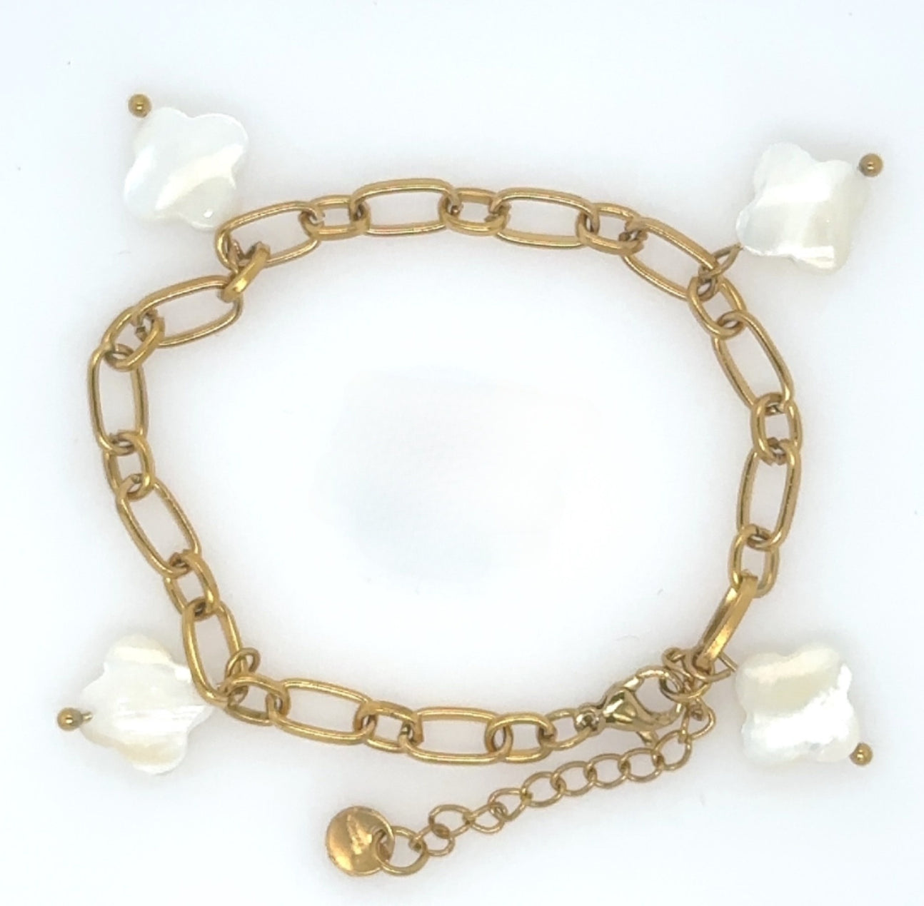 gold oval chain bracelet with mother of pearl clover beads