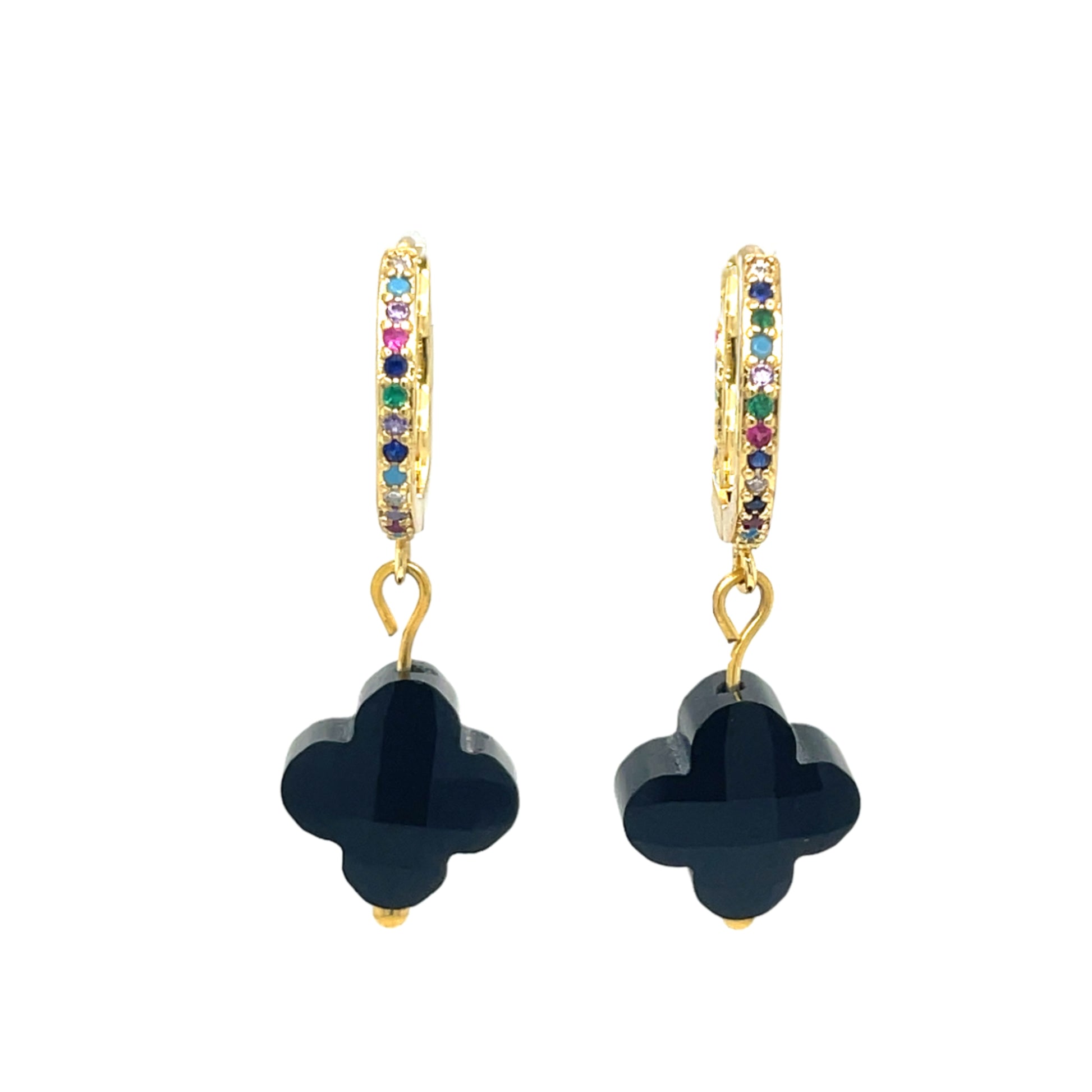 Gold hoop earrings with rainbow zirconia stones and clover-shaped glass charm in jet black