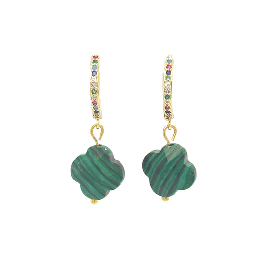 Gold hoop earrings with rainbow zirconia stones and clover-shaped glass charms in malachite green