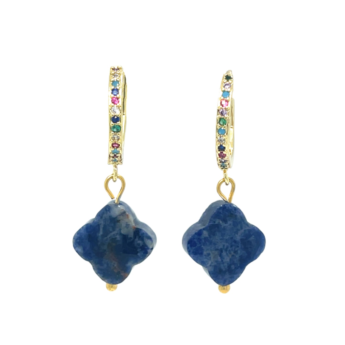 Gold hoop earrings with rainbow zirconia stones and clover-shaped natural blue stone charms