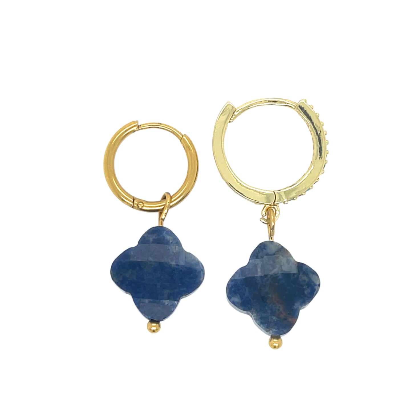 Gold hoop earrings with clover-shaped natural blue stone charms