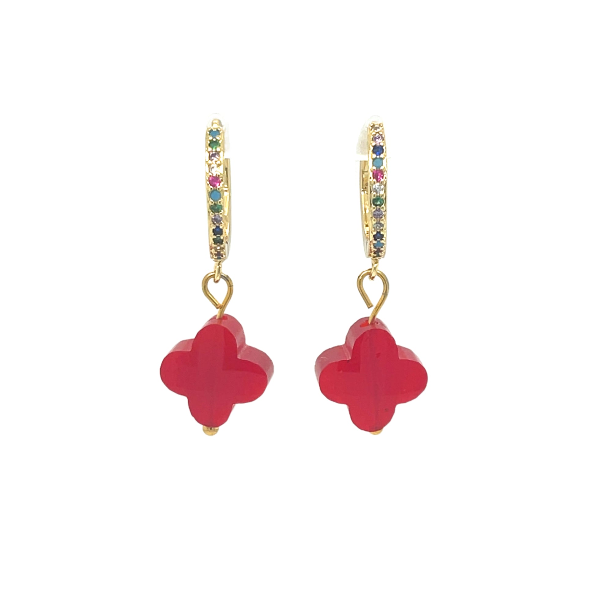 Gold hoop earrings with rainbow zirconia stones and clover-shaped glass charms in siam red