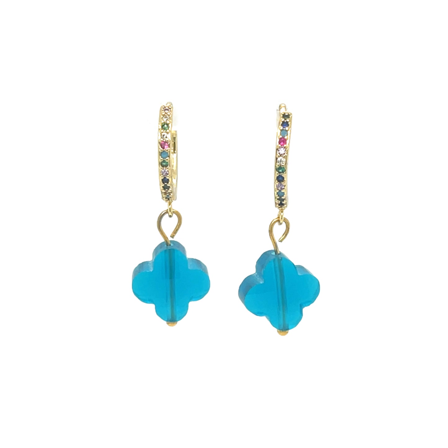 Gold hoop earrings with rainbow zirconia stones and clover-shaped glass charms in turquoise blue