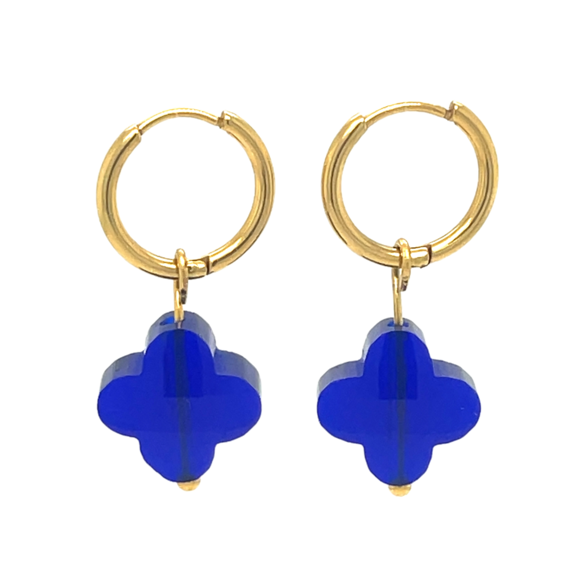 gold hoop earrings with cobalt blue glass clover charms