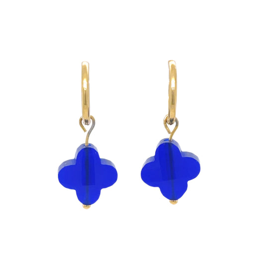 gold hoop earrings with cobalt blue glass clover charms